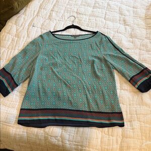 Adrianna Papell Teal Patterned Boatneck Blouse with Black Trim